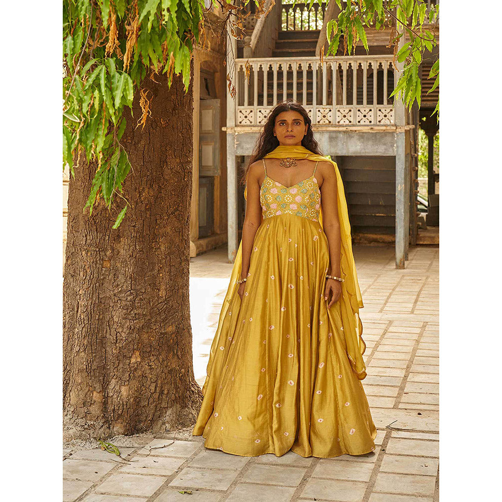 17 : 17 by Simmi Saboo Mustard Yellow Braid Strap Anarkali with Scallop Dupatta (Set of 2)