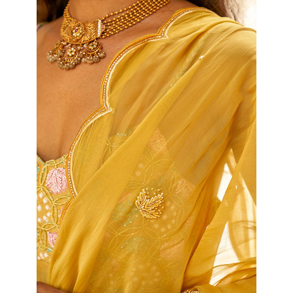 17 : 17 by Simmi Saboo Mustard Yellow Braid Strap Anarkali with Scallop Dupatta (Set of 2)