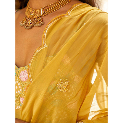 17 : 17 by Simmi Saboo Mustard Yellow Braid Strap Anarkali with Scallop Dupatta (Set of 2)