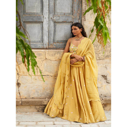 17 : 17 by Simmi Saboo Mustard Yellow Braid Strap Anarkali with Scallop Dupatta (Set of 2)