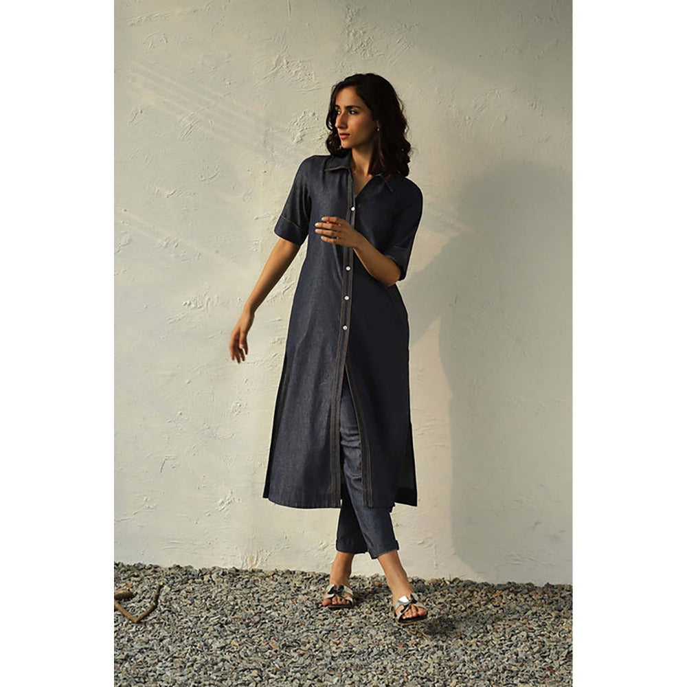 CANOOPI Women Blue Jetblue Denim Shirt Tunic Set