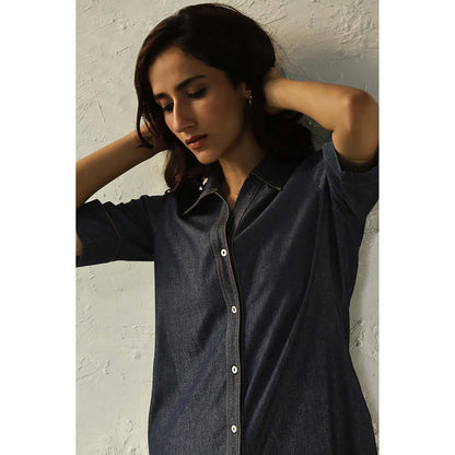 CANOOPI Women Blue Jetblue Denim Shirt Tunic Set