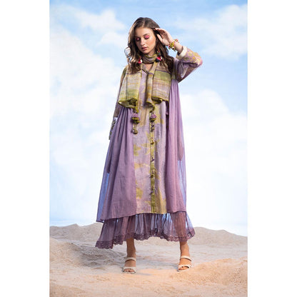 CAPISVIRLEO Band V-Neck Flare Midi Dress & Long Frill Inner with Stole (Set of 3)