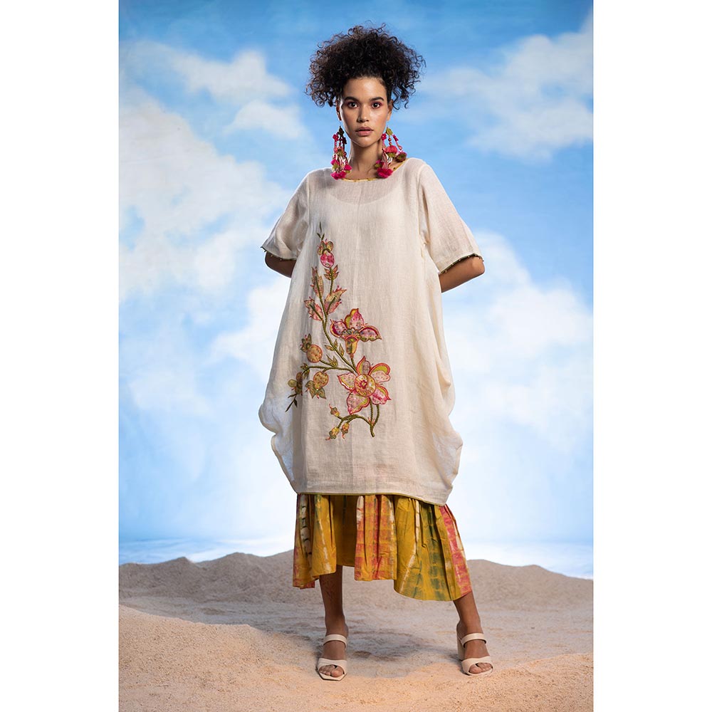 CAPISVIRLEO Embroidered Linen Boho Tunic Kurta with Long Frill Inner (Set of 2)