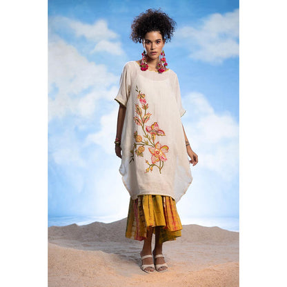 CAPISVIRLEO Embroidered Linen Boho Tunic Kurta with Long Frill Inner (Set of 2)