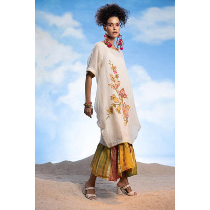 CAPISVIRLEO Embroidered Linen Boho Tunic Kurta with Long Frill Inner (Set of 2)