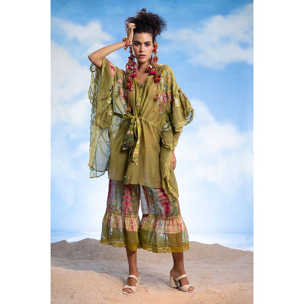 CAPISVIRLEO Embroidered Front Open Kaftan with Sharara & Inner (Set of 3)