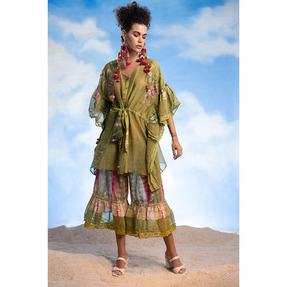 CAPISVIRLEO Embroidered Front Open Kaftan with Sharara & Inner (Set of 3)