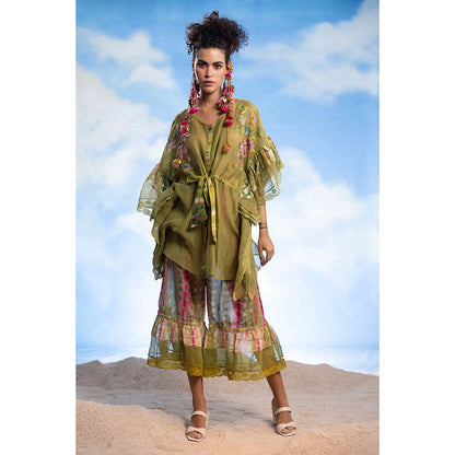 CAPISVIRLEO Embroidered Front Open Kaftan with Sharara & Inner (Set of 3)