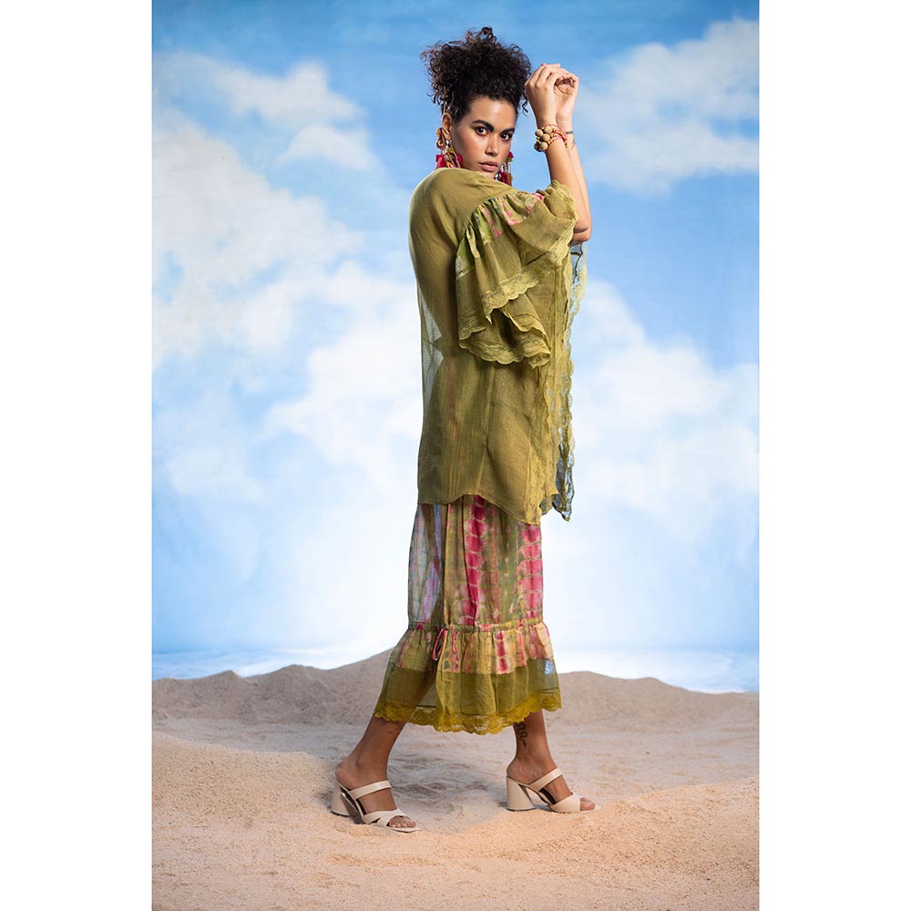 CAPISVIRLEO Embroidered Front Open Kaftan with Sharara & Inner (Set of 3)