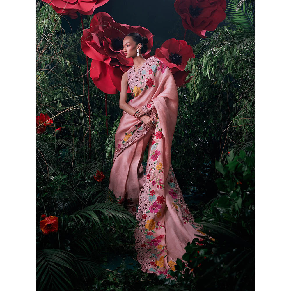 CHANDRIMA Pink Organza Floral Bead Work Saree with Unstitched Blouse with Unstitched