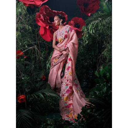 CHANDRIMA Pink Organza Floral Bead Work Saree with Unstitched Blouse with Unstitched