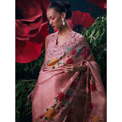 CHANDRIMA Pink Organza Floral Bead Work Saree with Unstitched Blouse with Unstitched