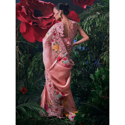 CHANDRIMA Pink Organza Floral Bead Work Saree with Unstitched Blouse with Unstitched