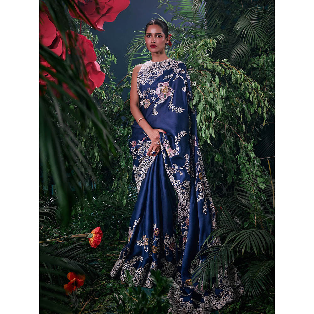 CHANDRIMA Navy Blue Organza Floral Bead Work Saree with Unstitched Blouse