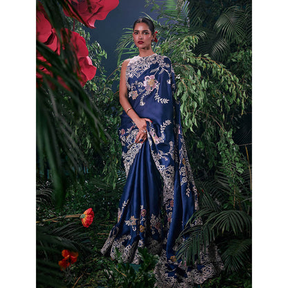CHANDRIMA Navy Blue Organza Floral Bead Work Saree with Unstitched Blouse
