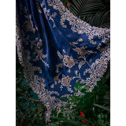 CHANDRIMA Navy Blue Organza Floral Bead Work Saree with Unstitched Blouse