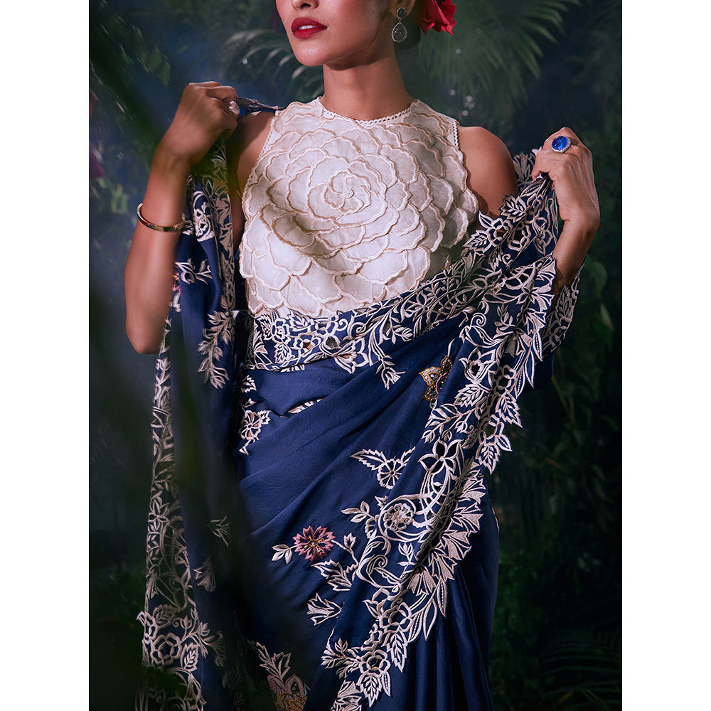 CHANDRIMA Navy Blue Organza Floral Bead Work Saree with Unstitched Blouse