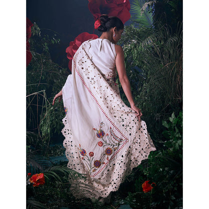 CHANDRIMA Ivory Chanderi Floral Bead Work Saree with Unstitched Blouse with Unstitched