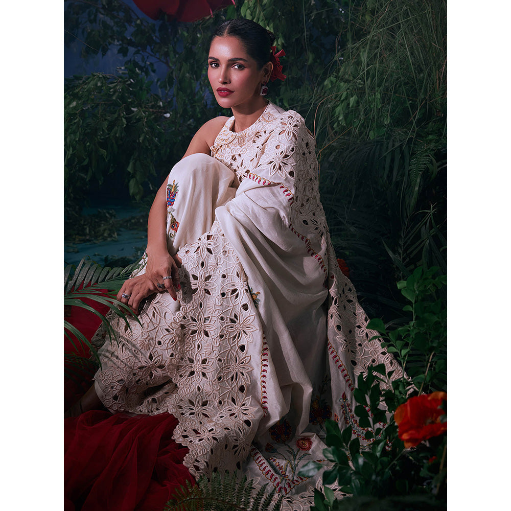 CHANDRIMA Ivory Chanderi Floral Bead Work Saree with Unstitched Blouse with Unstitched