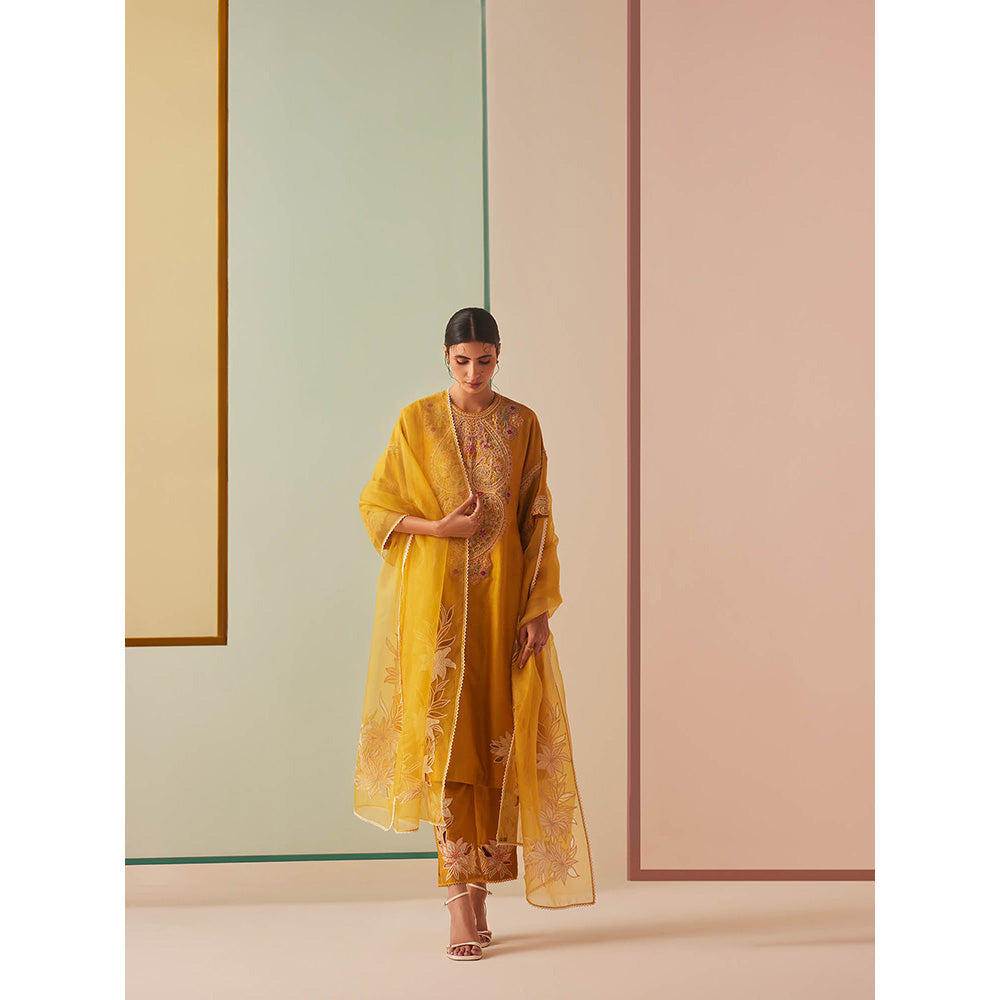 CHANDRIMA Mustard Organza Floral Embroidered Dupatta