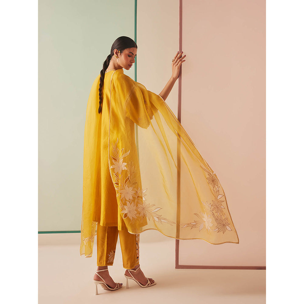 CHANDRIMA Mustard Organza Floral Embroidered Dupatta