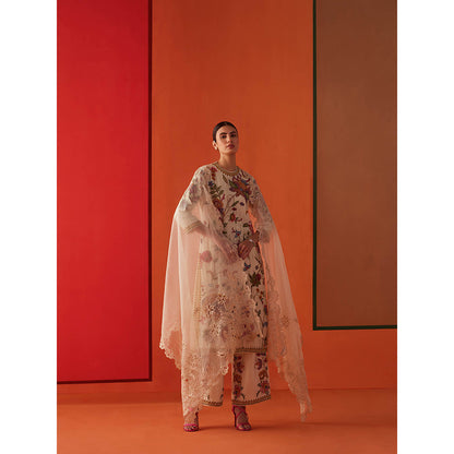 CHANDRIMA Ivory Organza Floral Embroidered Dupatta