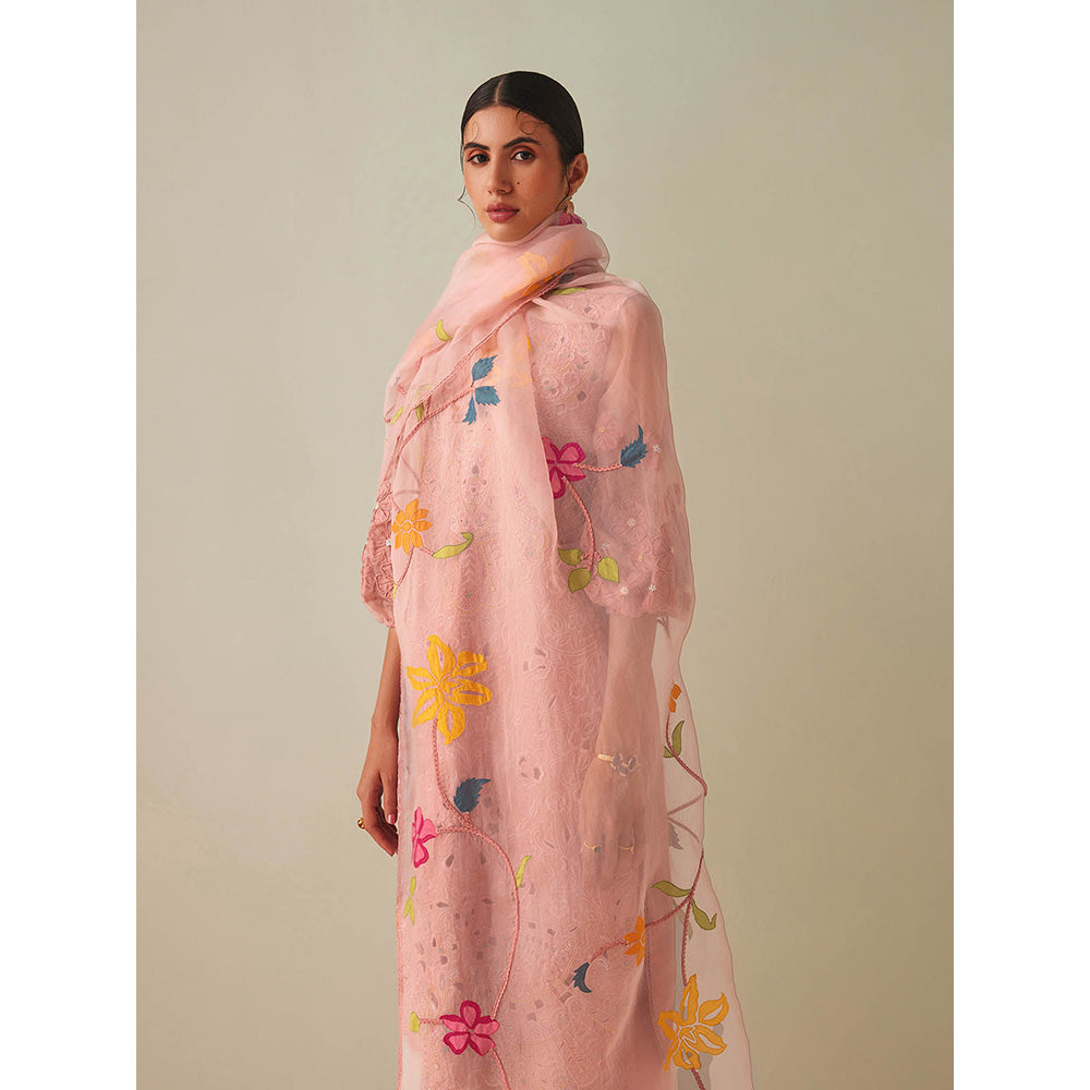 CHANDRIMA Pink Organza Floral Embroidered Dupatta