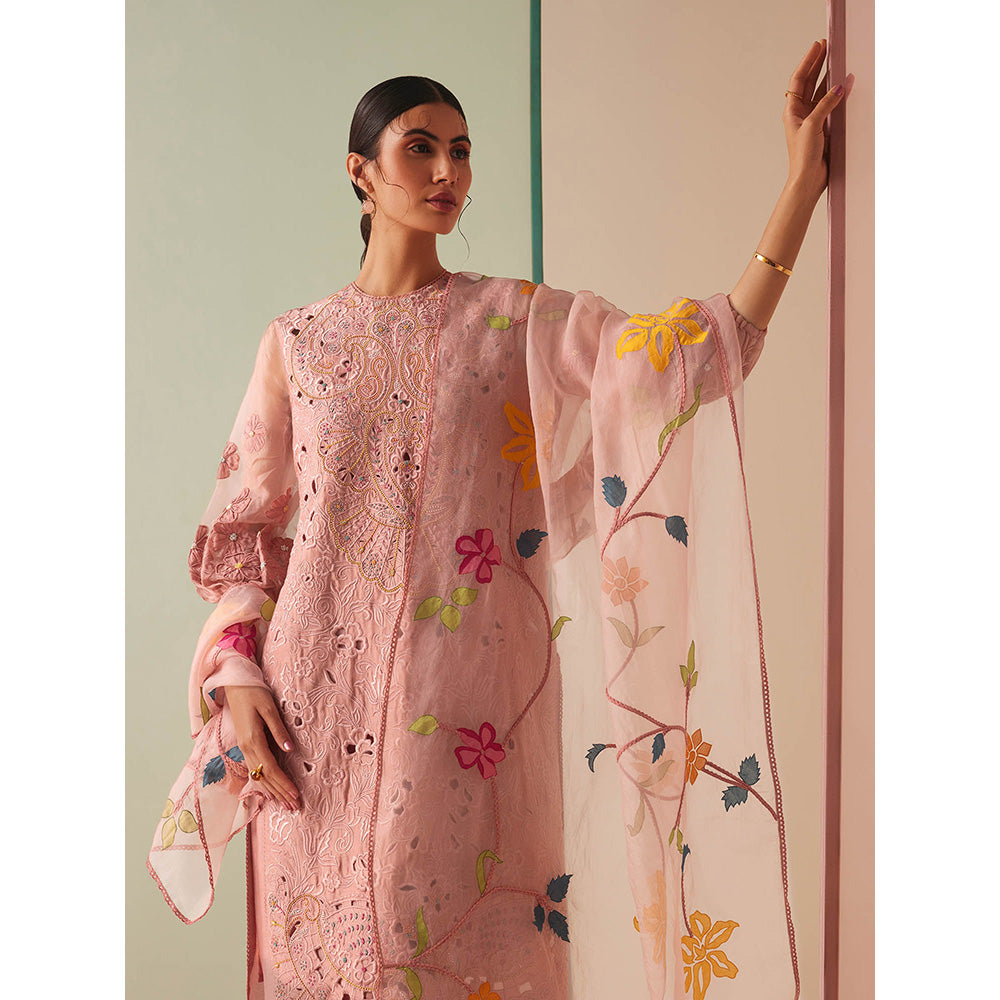 CHANDRIMA Pink Organza Floral Embroidered Dupatta