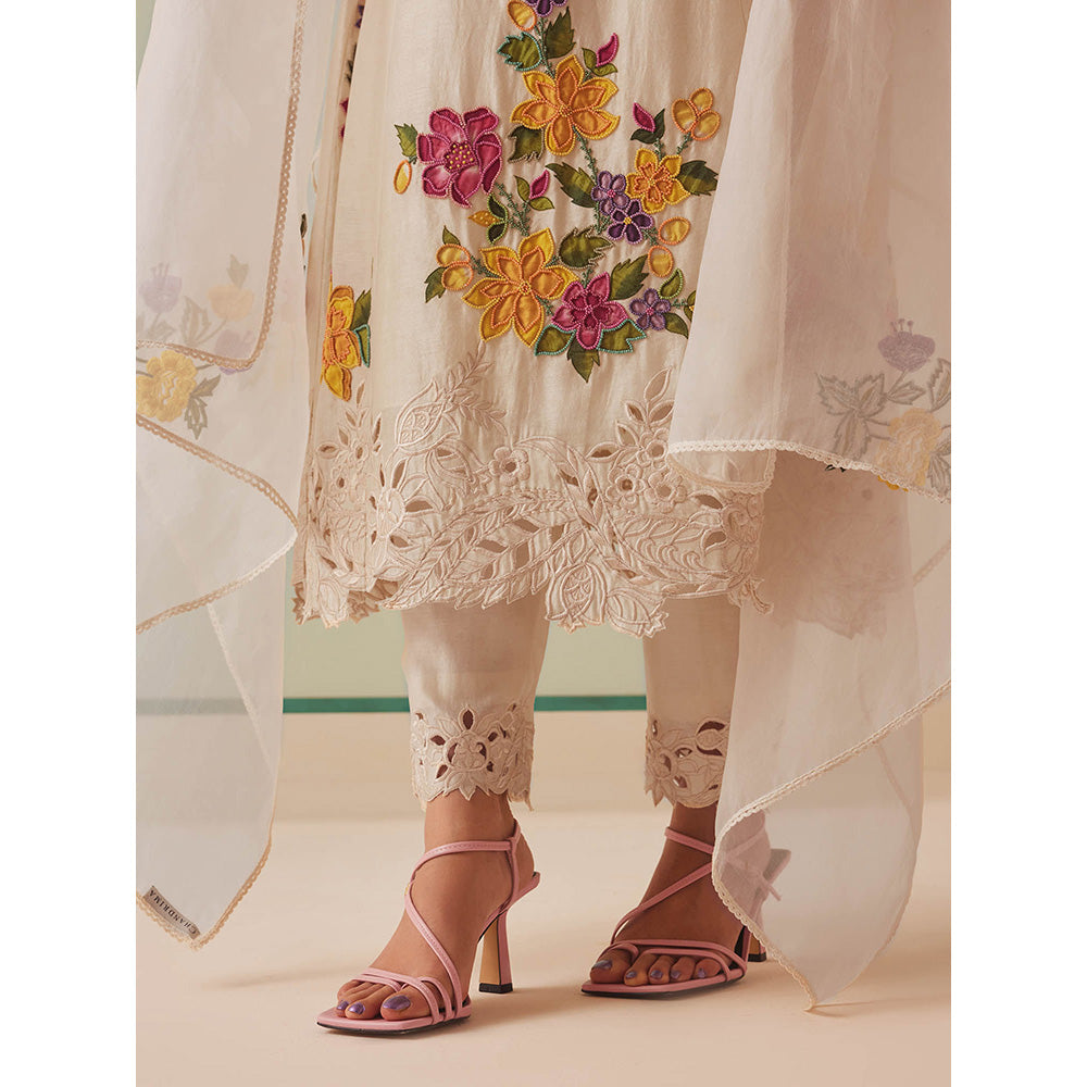 CHANDRIMA Ivory Organza Floral Embroidered Dupatta