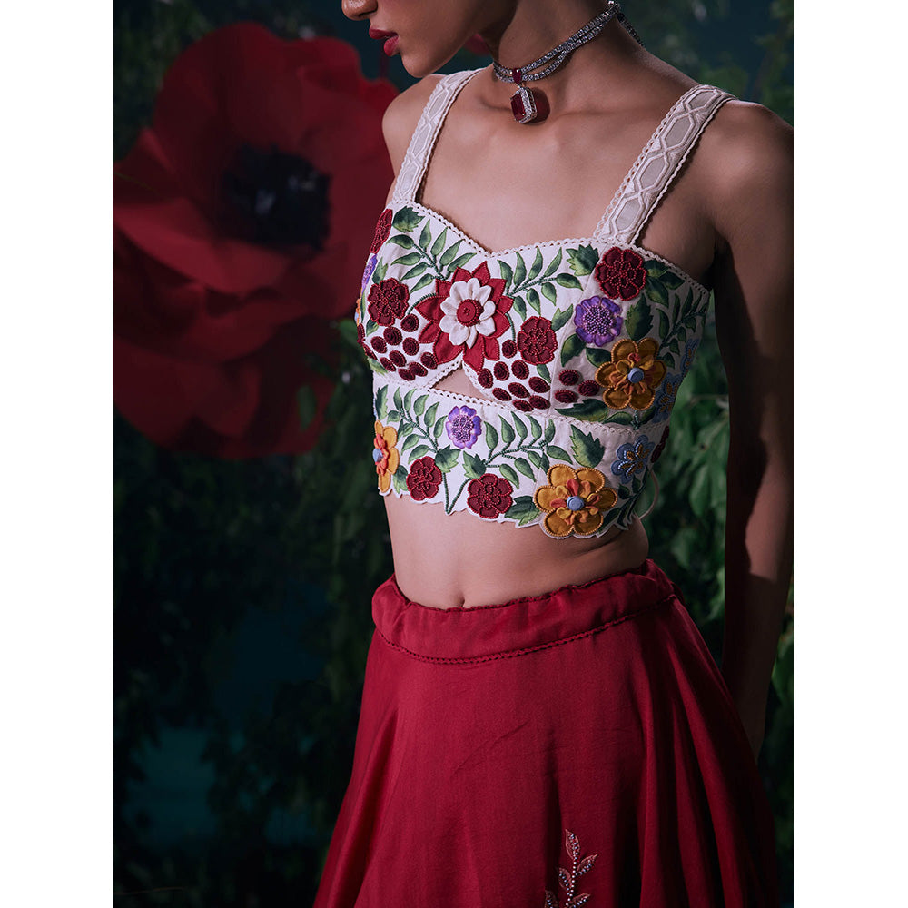 CHANDRIMA Ivory Chanderi Floral Sleeveless Sweetheart Bead Work Crop Top