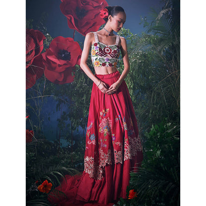 CHANDRIMA Ivory Chanderi Floral Sleeveless Sweetheart Bead Work Crop Top