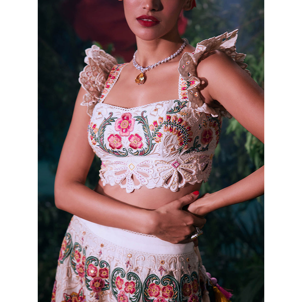 CHANDRIMA Ivory Chanderi Floral Ruffled Sleeves Sweetheart Bead Work Crop Top