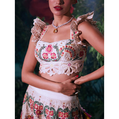 CHANDRIMA Ivory Chanderi Floral Ruffled Sleeves Sweetheart Bead Work Crop Top