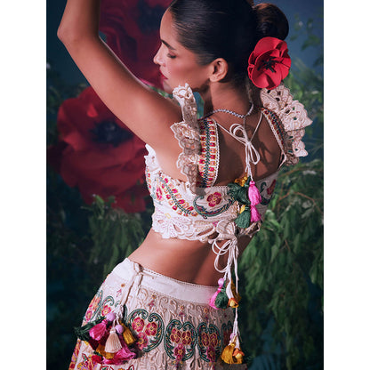 CHANDRIMA Ivory Chanderi Floral Ruffled Sleeves Sweetheart Bead Work Crop Top