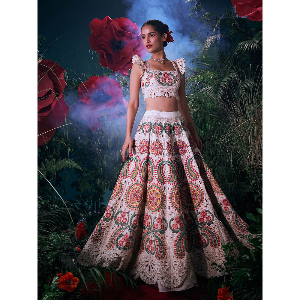 CHANDRIMA Ivory Chanderi Floral Ruffled Sleeves Sweetheart Bead Work Crop Top