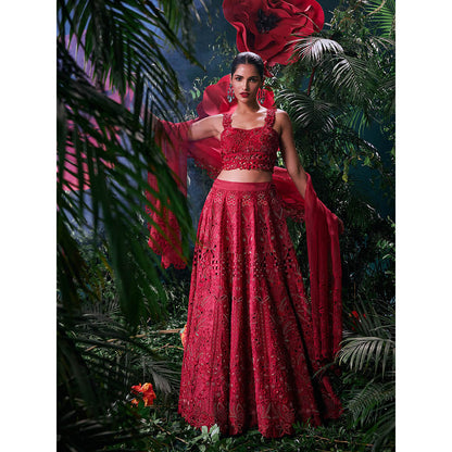 CHANDRIMA Red Chanderi Floral Sleeveless Sweetheart Bead Work Crop Top
