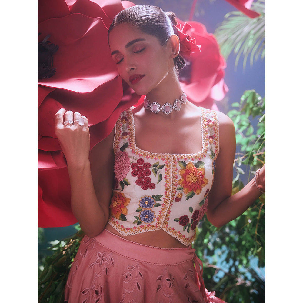 CHANDRIMA Ivory Chanderi Floral Sleeveless Square Neck Bead Work Crop Top