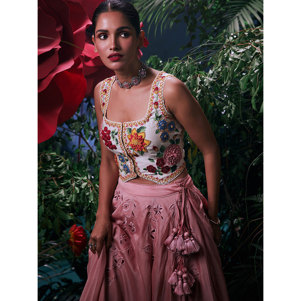 CHANDRIMA Ivory Chanderi Floral Sleeveless Square Neck Bead Work Crop Top