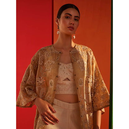 CHANDRIMA Beige Organza Floral Flared Sleeves Round Neck Bead Work Jacket