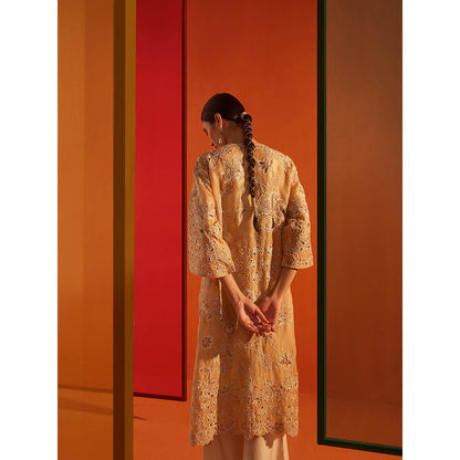 CHANDRIMA Beige Organza Floral Flared Sleeves Round Neck Bead Work Jacket