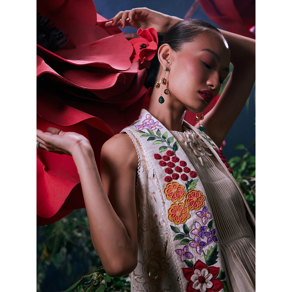 CHANDRIMA Ivory Chanderi Floral Sleeveless Bead Work Jacket