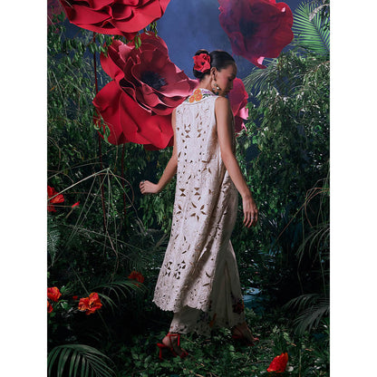 CHANDRIMA Ivory Chanderi Floral Sleeveless Bead Work Jacket