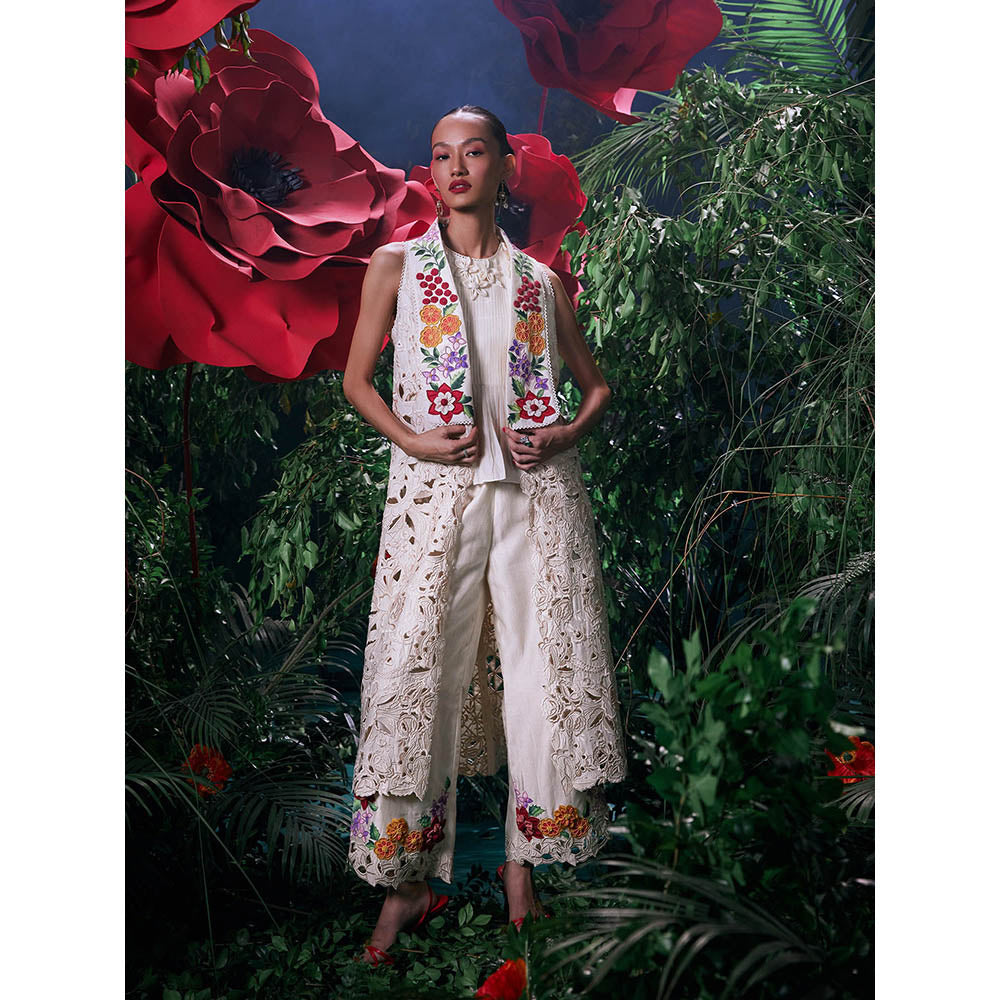 CHANDRIMA Ivory Chanderi Floral Sleeveless Bead Work Jacket