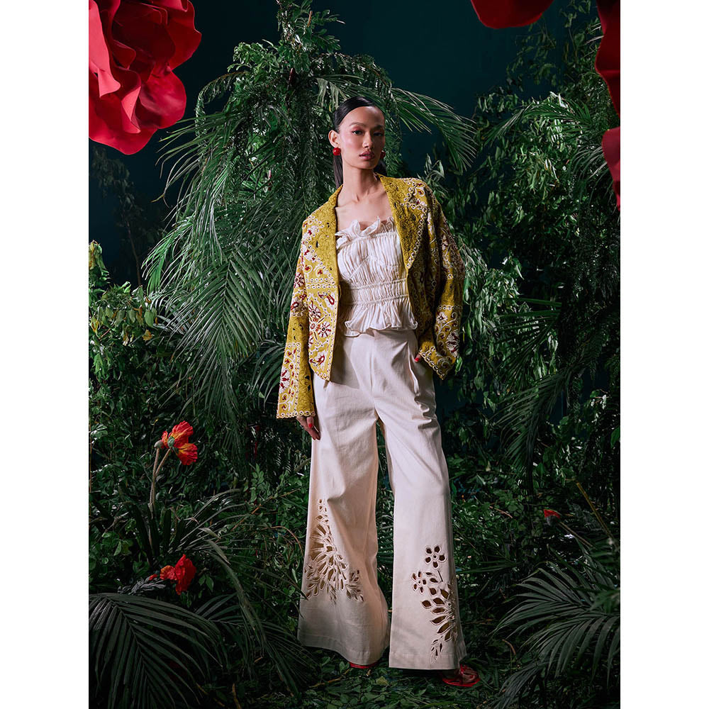 CHANDRIMA Yellow Cotton Embroidered Full Sleeves Notched Lapel Bead Work Jacket