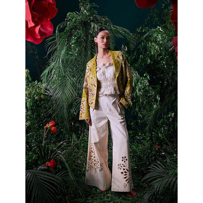 CHANDRIMA Yellow Cotton Embroidered Full Sleeves Notched Lapel Bead Work Jacket