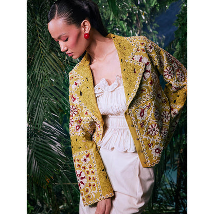 CHANDRIMA Yellow Cotton Embroidered Full Sleeves Notched Lapel Bead Work Jacket
