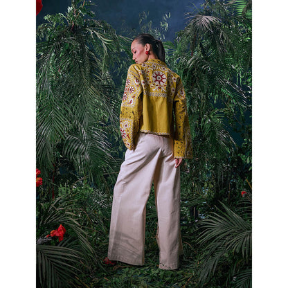 CHANDRIMA Yellow Cotton Embroidered Full Sleeves Notched Lapel Bead Work Jacket