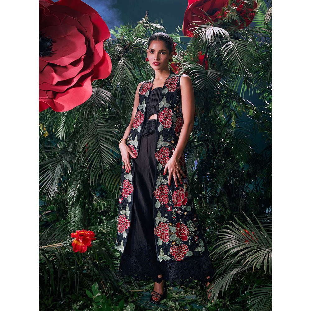 CHANDRIMA Black Cotton Floral Sleeveless Bead Work Jacket