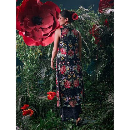 CHANDRIMA Black Cotton Floral Sleeveless Bead Work Jacket